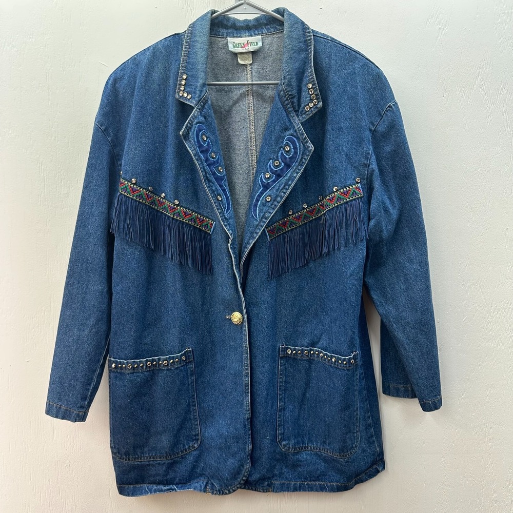 Green Field Womens Western Embellished Denim Blazer Jacket Blue Size XL USA Made